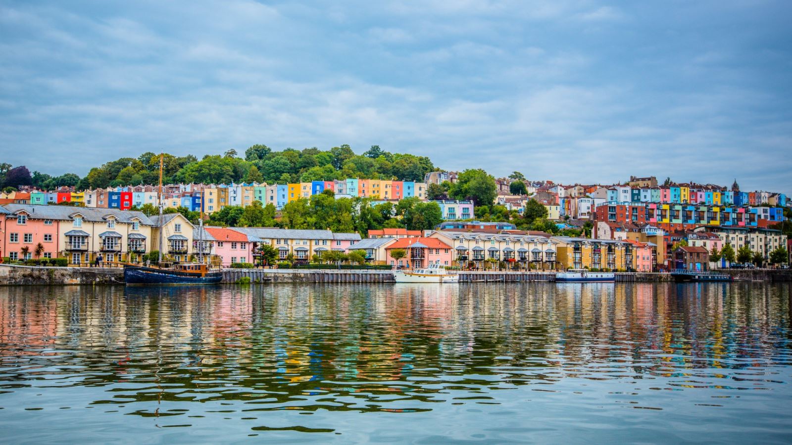 View of Bristol Harbour and the colourful houses of Hotwell